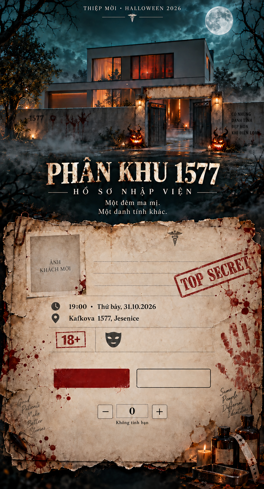 Phối cảnh ngôi nhà thành Viện tâm thần Kafkova trong đêm Halloween, bên dưới là hồ sơ giấy cũ và dấu TOP SECRET.